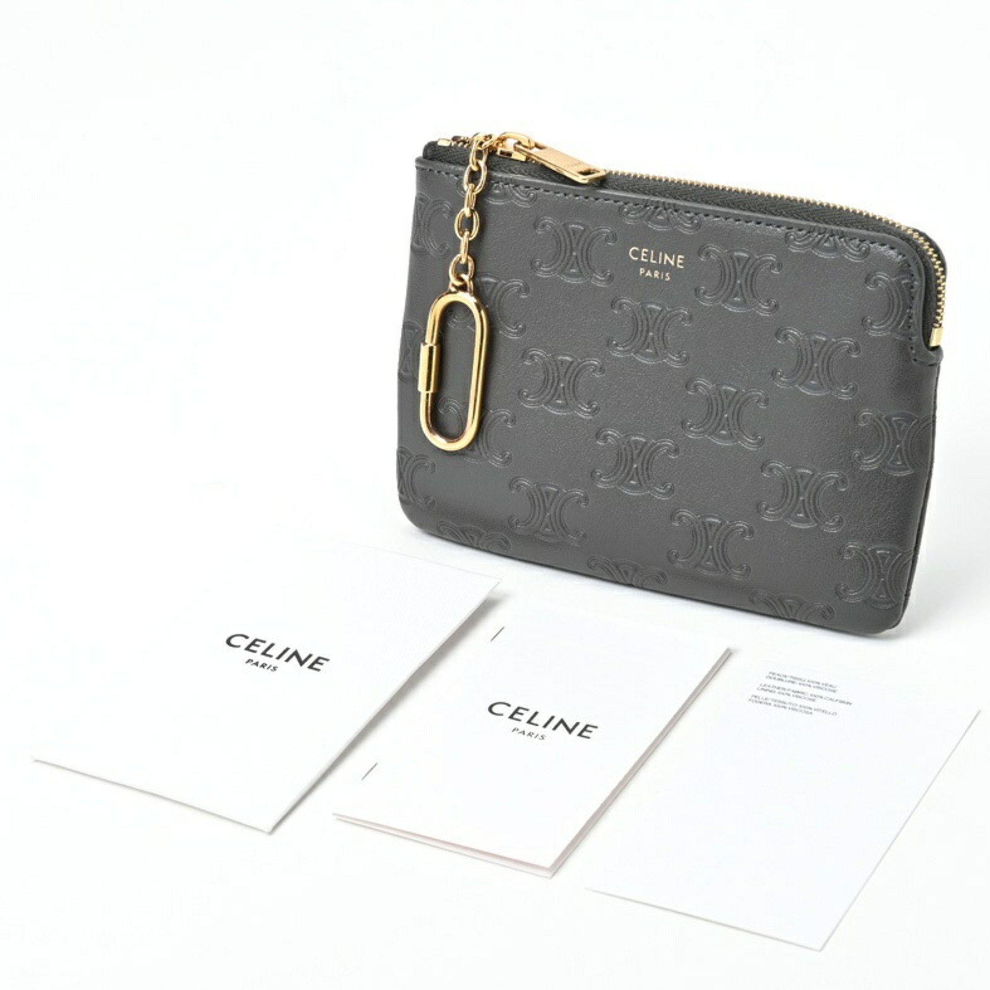 CELINE Triomphe Coin & Card Pouch Case 10C663BFU.010AN Leather Grey S-156547