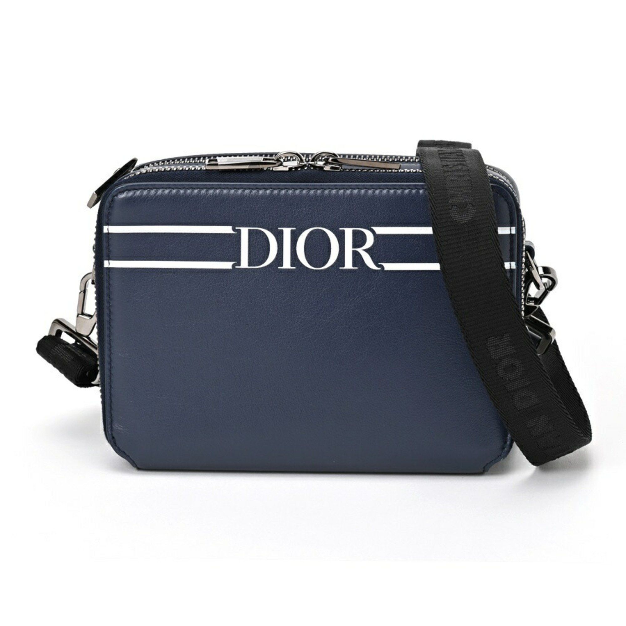 Christian Dior Dior DIOR Zip Pouch Bag with Strap Leather Navy S-156555