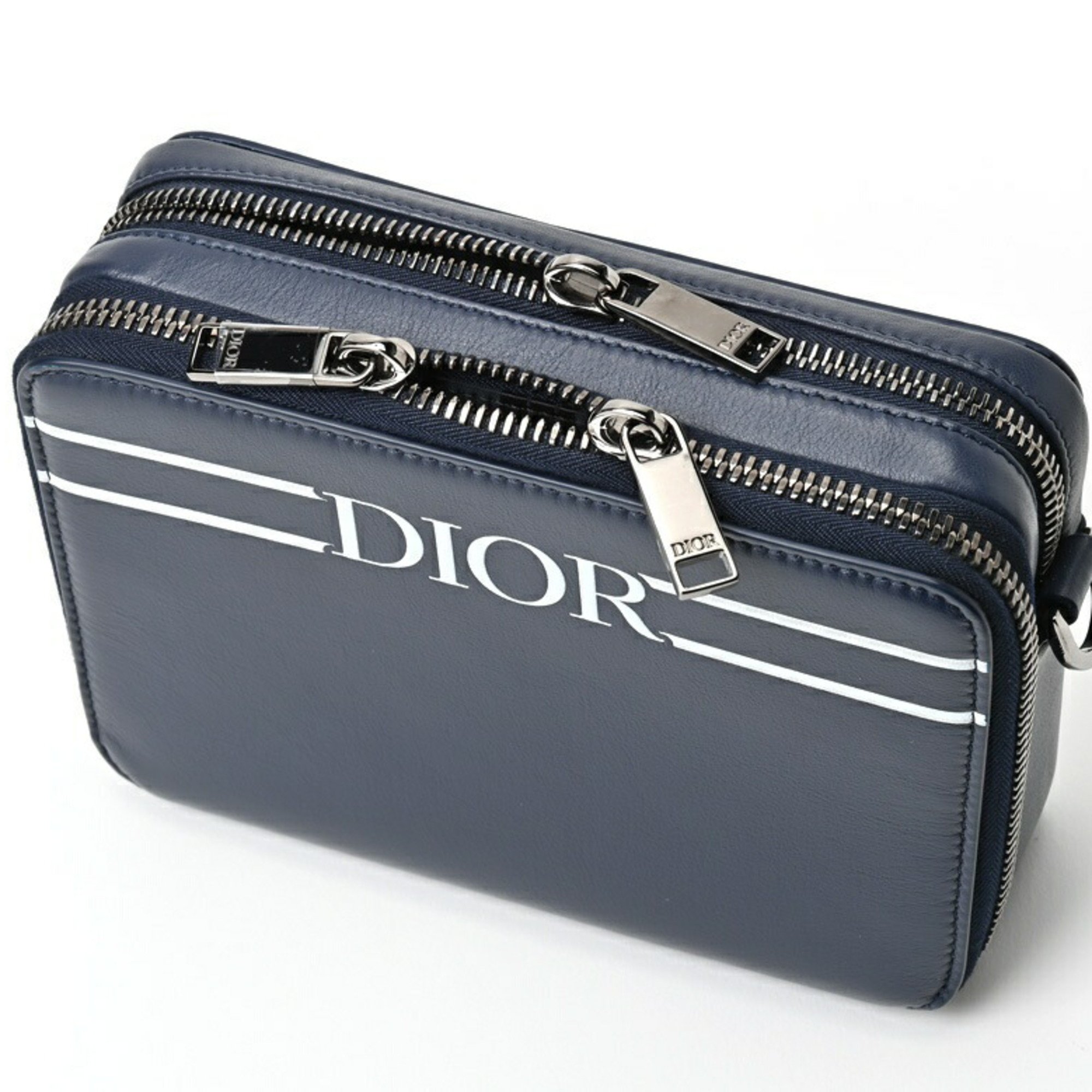 Christian Dior Dior DIOR Zip Pouch Bag with Strap Leather Navy S-156555