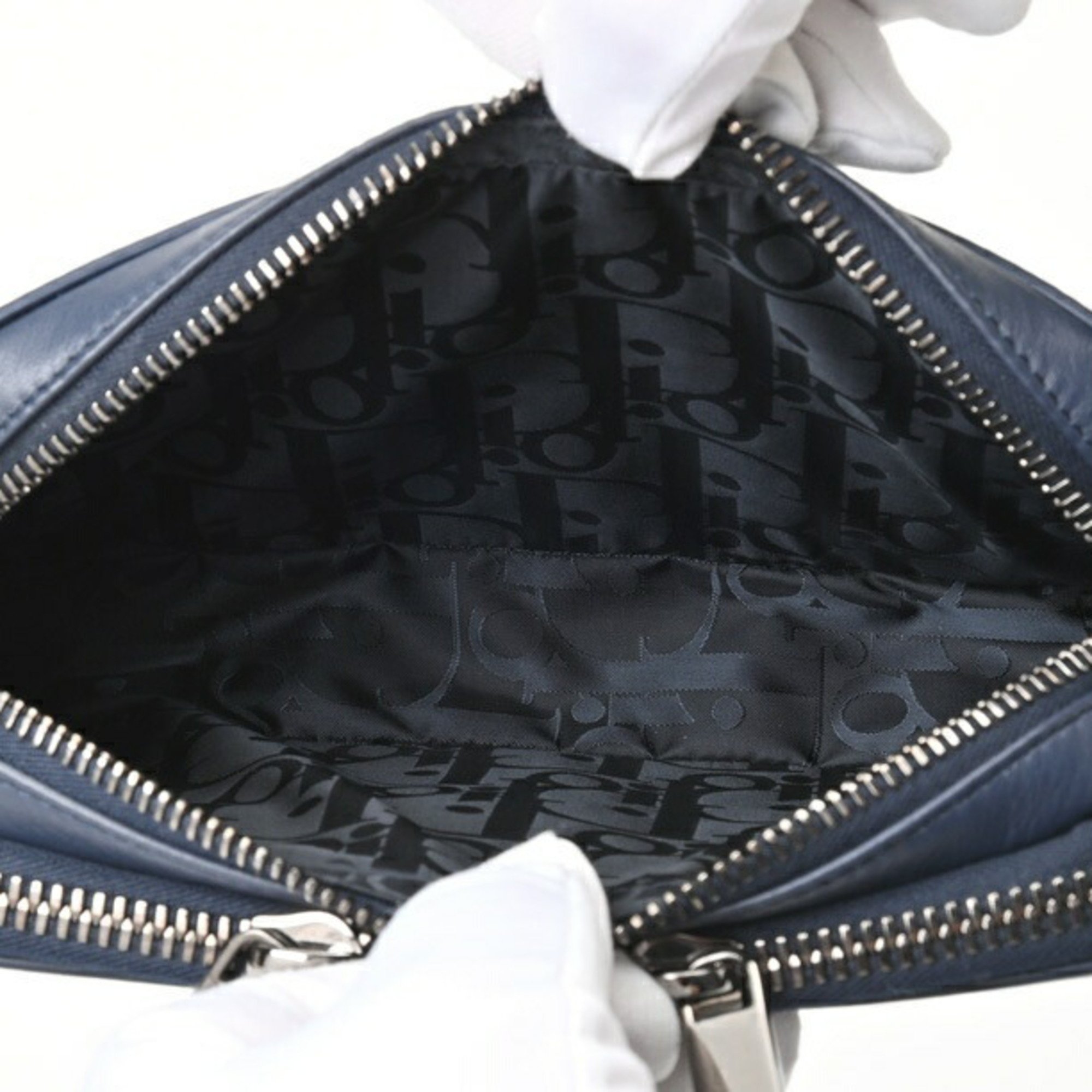 Christian Dior Dior DIOR Zip Pouch Bag with Strap Leather Navy S-156555