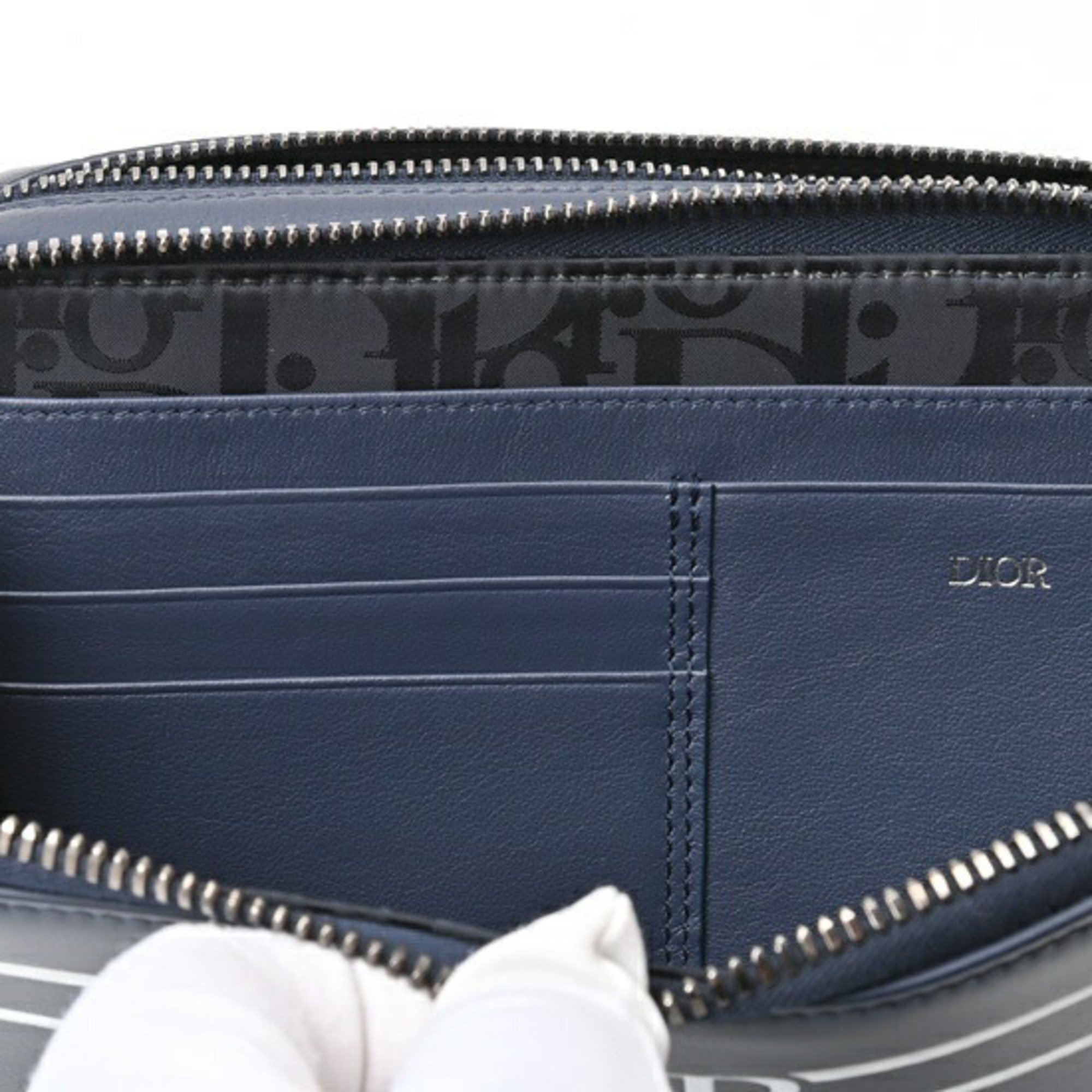 Christian Dior Dior DIOR Zip Pouch Bag with Strap Leather Navy S-156555