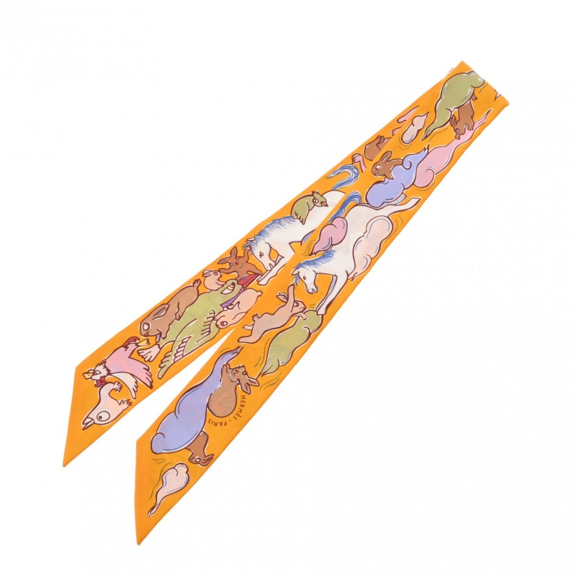 HERMES Twilly MILLE ET UN LAPINS Bouton d'Or/Parme/Beige 064007S Women's 100% Silk Scarf Muffler