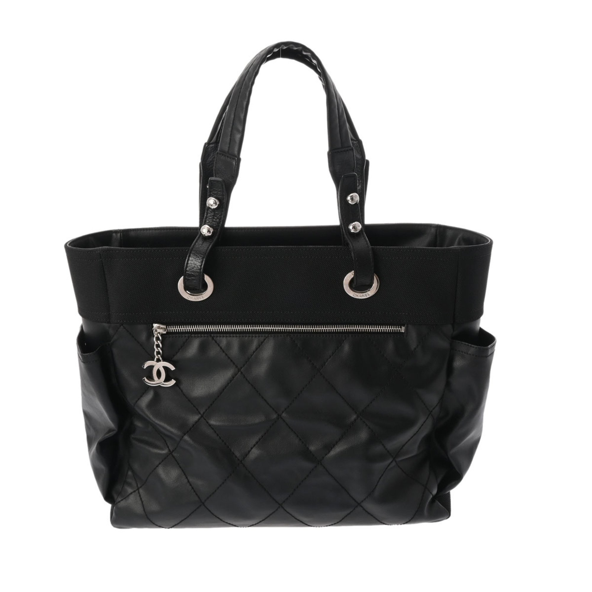 CHANEL Paris Biarritz Tote GM Black A34210 Women's Leather Canvas Bag