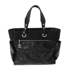 CHANEL Paris Biarritz Tote GM Black A34210 Women's Leather Canvas Bag