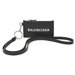 BALENCIAGA Coin Card Case with Strap 594548 Embossed Leather Black S-156502