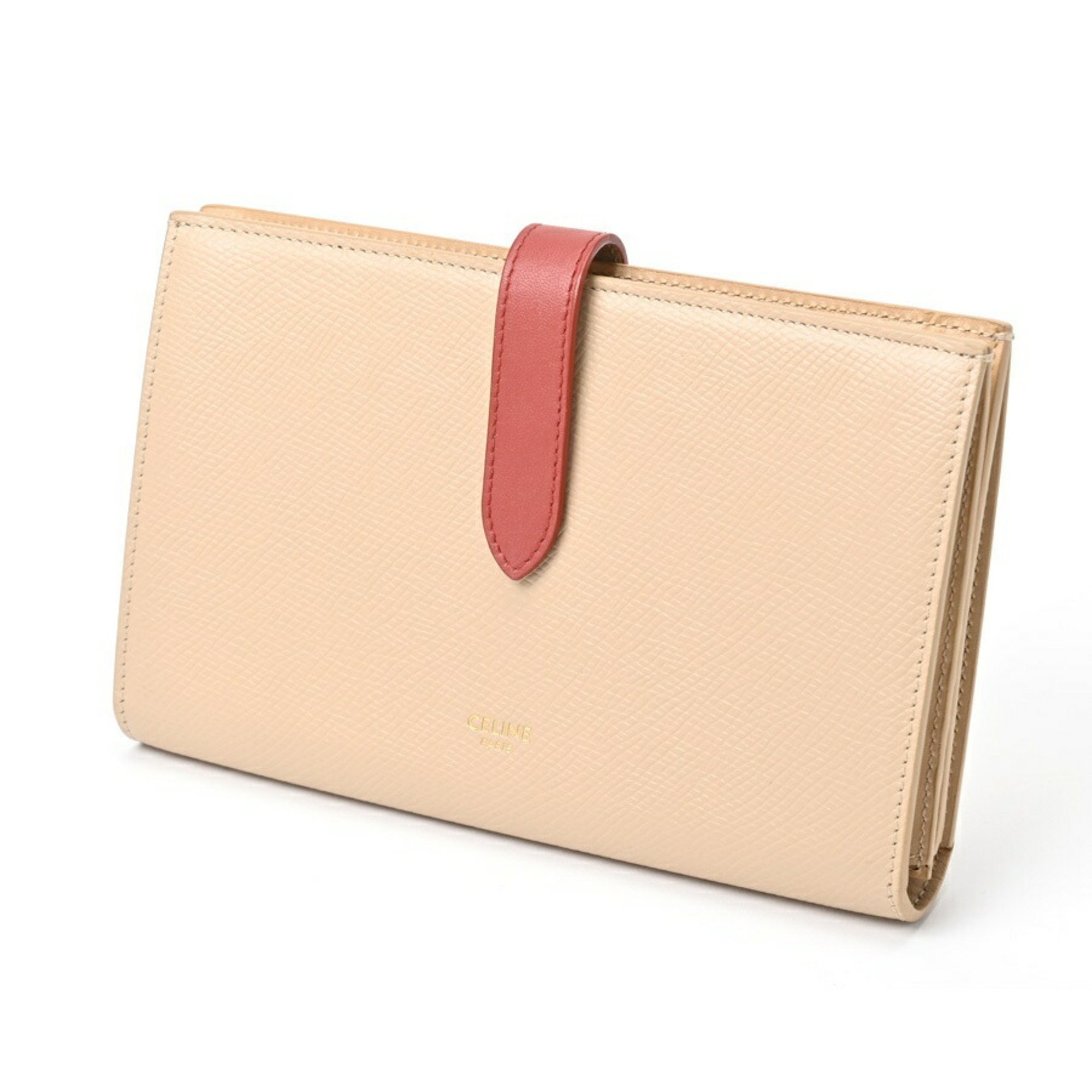 CELINE Large Strap Wallet Long 10B63 Bicolor Grained Calfskin Beige Red S-156548