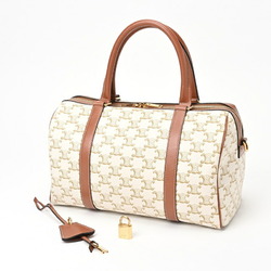 CELINE Boston Bag 19037 Triomphe Canvas Calf Tan White E-156517