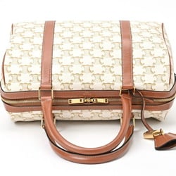 CELINE Boston Bag 19037 Triomphe Canvas Calf Tan White E-156517