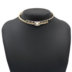 Chanel Coco Mark Choker Women's Metal Leather B22B Necklace Gold Black