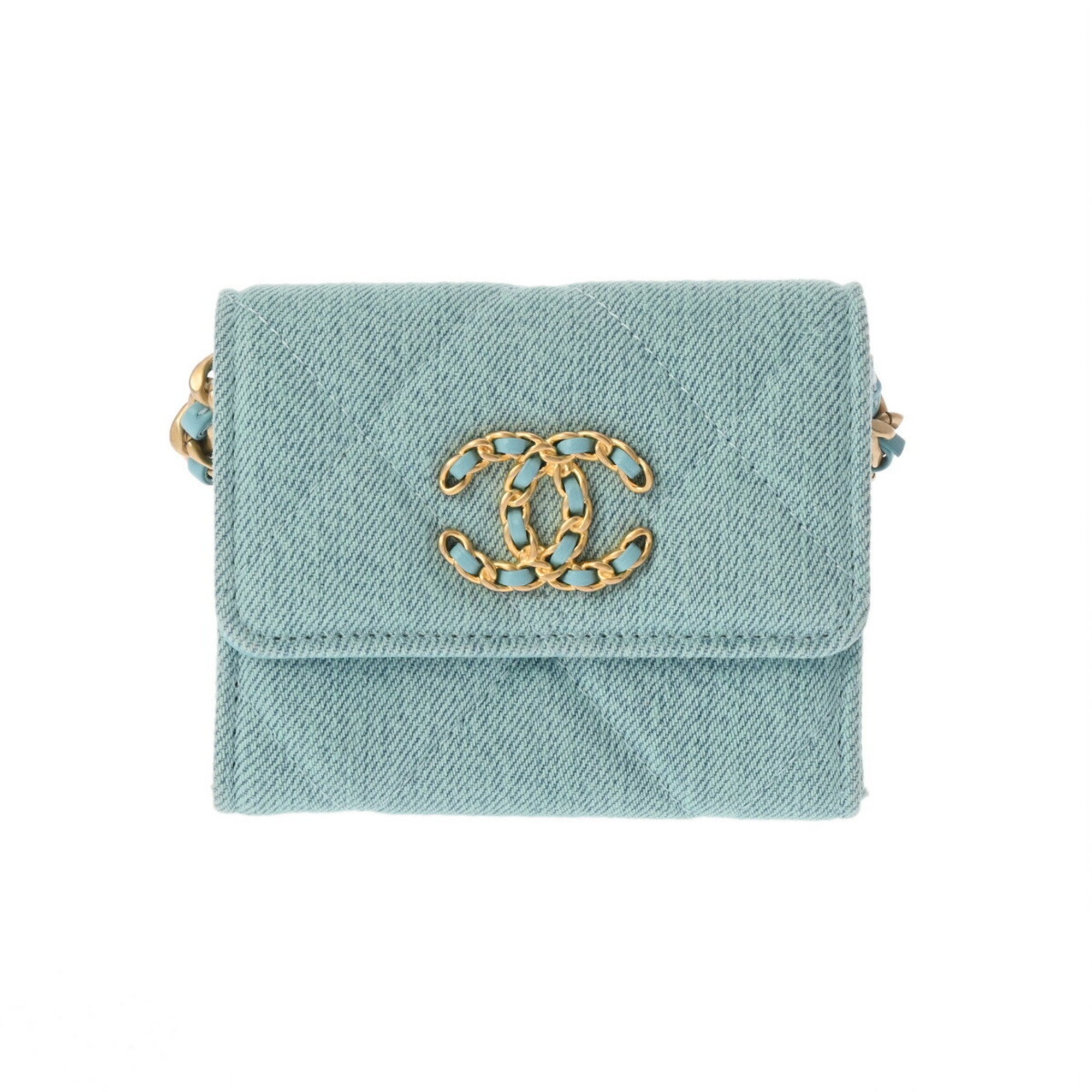 CHANEL Chanel Matelasse 19 Flap Coin Purse Chain Shoulder Light Blue AP1787 Women's Canvas Case