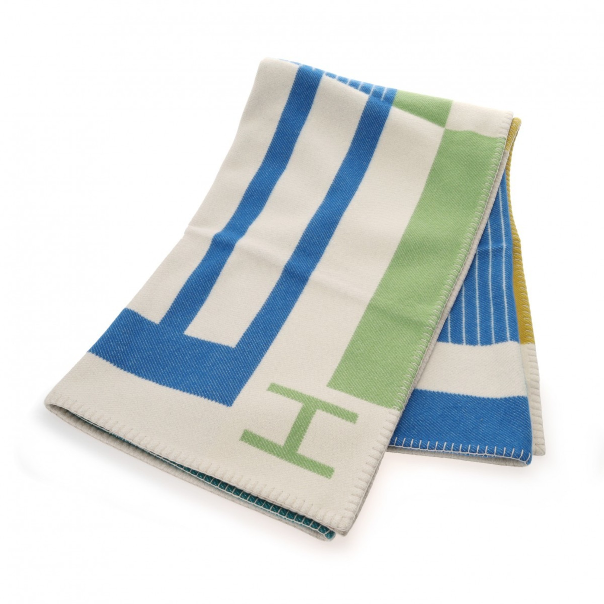 HERMES Avalon Pier Blanket White/Blue/Green Women's 90% Wool 10% Cashmere Accessory