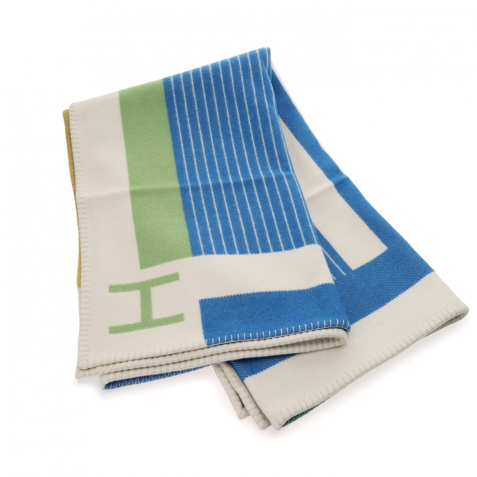 HERMES Avalon Pier Blanket White/Blue/Green Women's 90% Wool 10% Cashmere Accessory