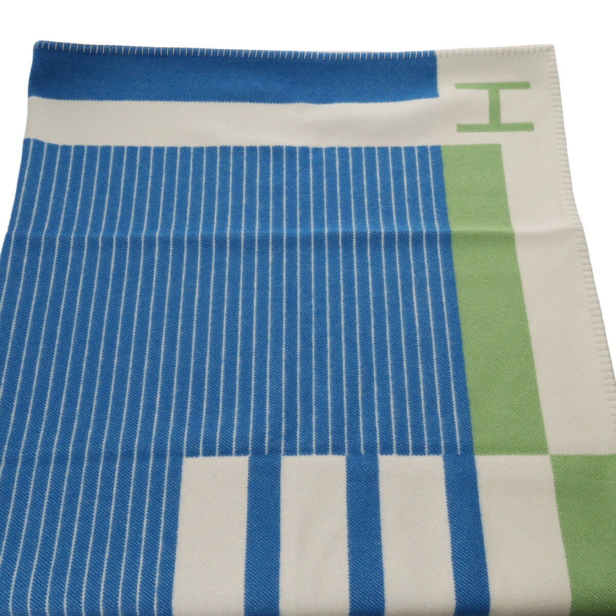 HERMES Avalon Pier Blanket White/Blue/Green Women's 90% Wool 10% Cashmere Accessory