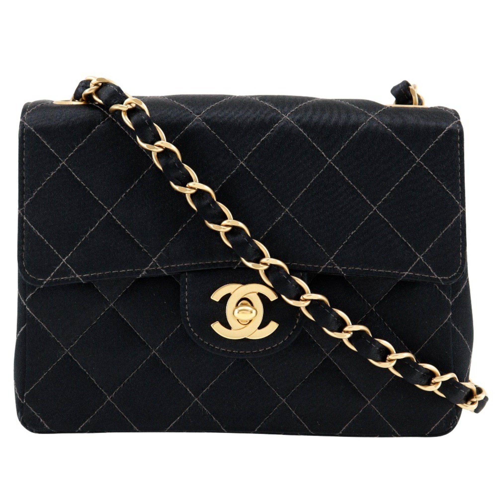 Chanel CHANEL Chain Shoulder Bag Matelasse Satin Black Turnlock Mini ChainShoulder Women's