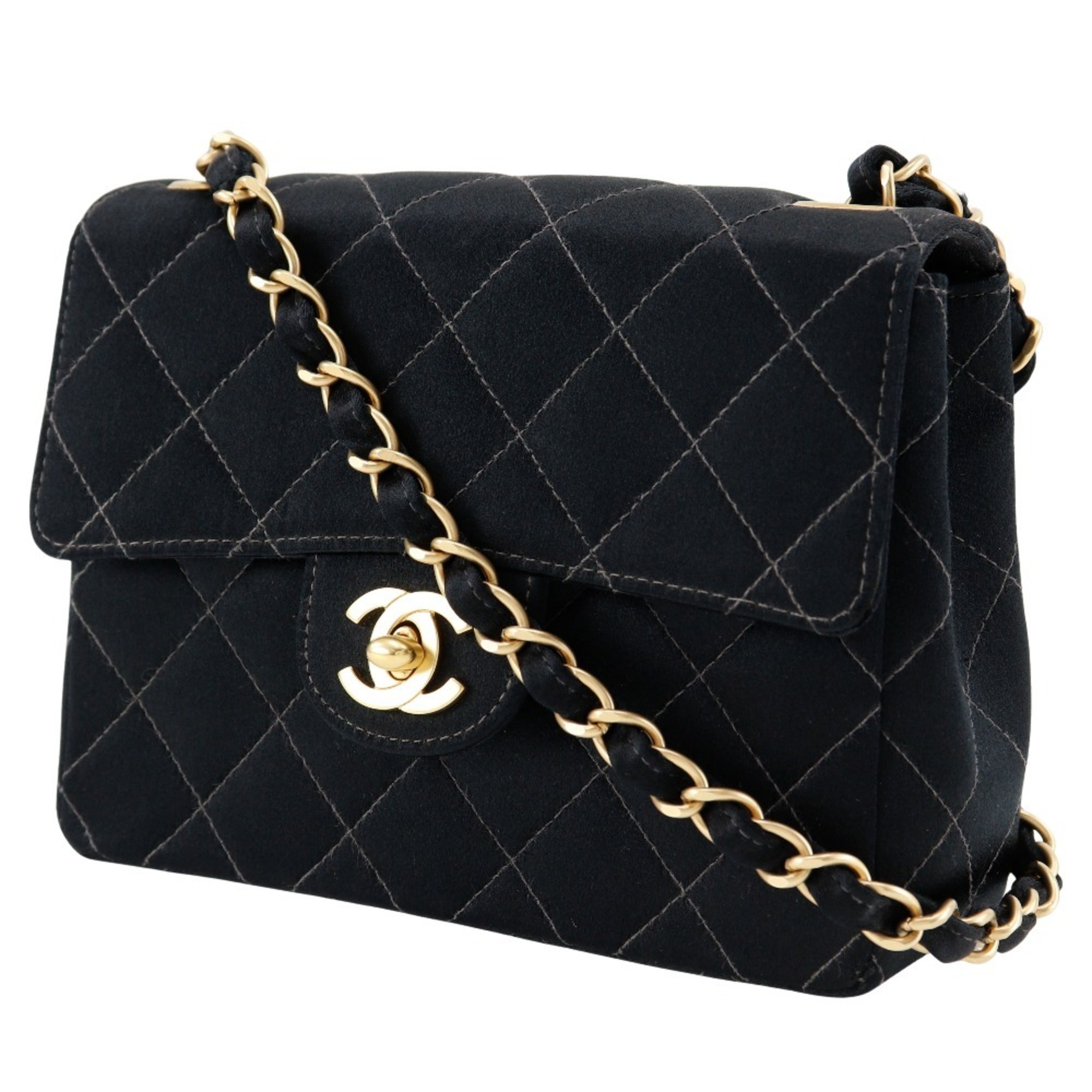 Chanel CHANEL Chain Shoulder Bag Matelasse Satin Black Turnlock Mini ChainShoulder Women's