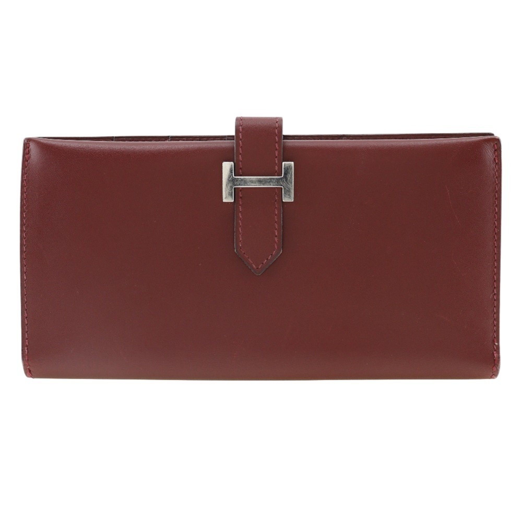 Hermes HERMES Bean Long Wallet Calfskin 2000 Wine Red □D Belt Clasp Ladies