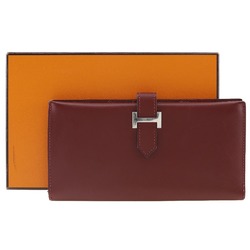 Hermes HERMES Bean Long Wallet Calfskin 2000 Wine Red □D Belt Clasp Ladies