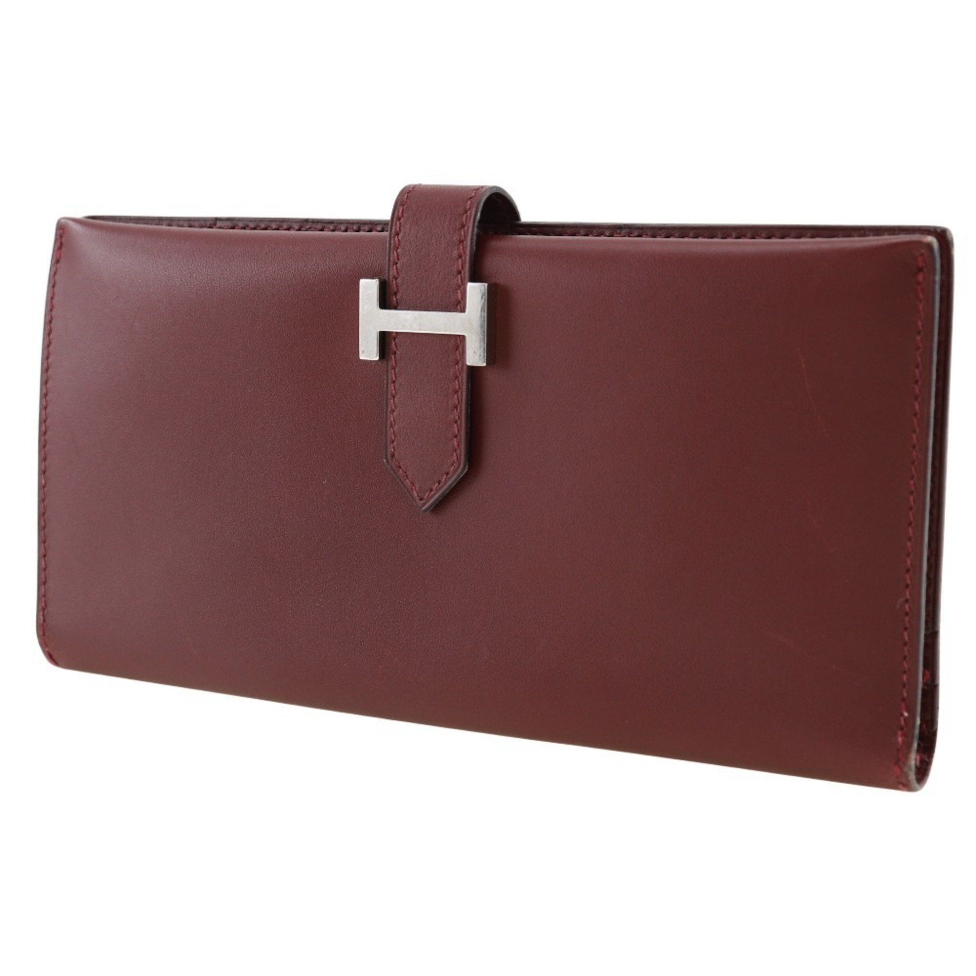 Hermes HERMES Bean Long Wallet Calfskin 2000 Wine Red □D Belt Clasp Ladies