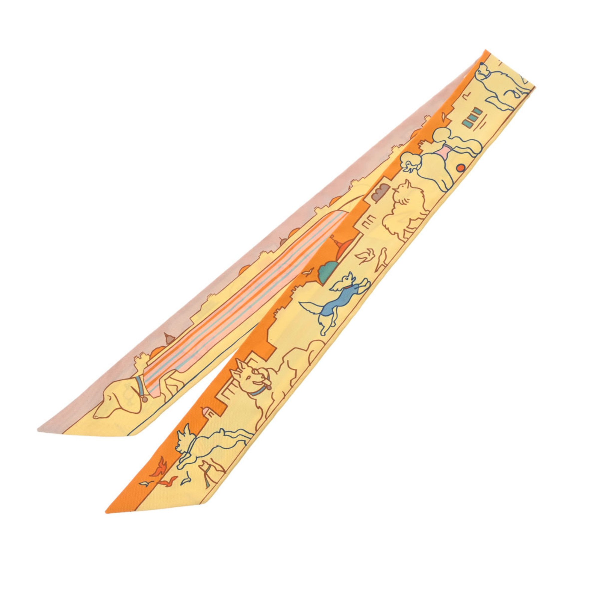 HERMES Twilly LES CHIENS PARISIENS Yellow/Orange/Green 064116S Women's 100% Silk Scarf Muffler