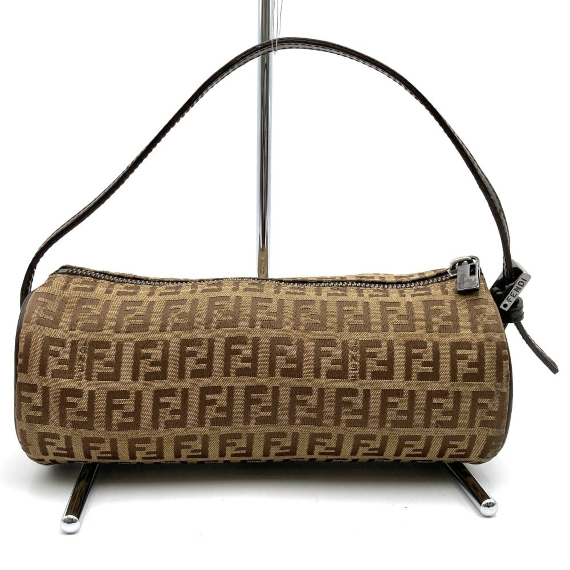 FENDI Pouch, Zucchino, Cylindrical, Brown, Canvas, Leather, Women's