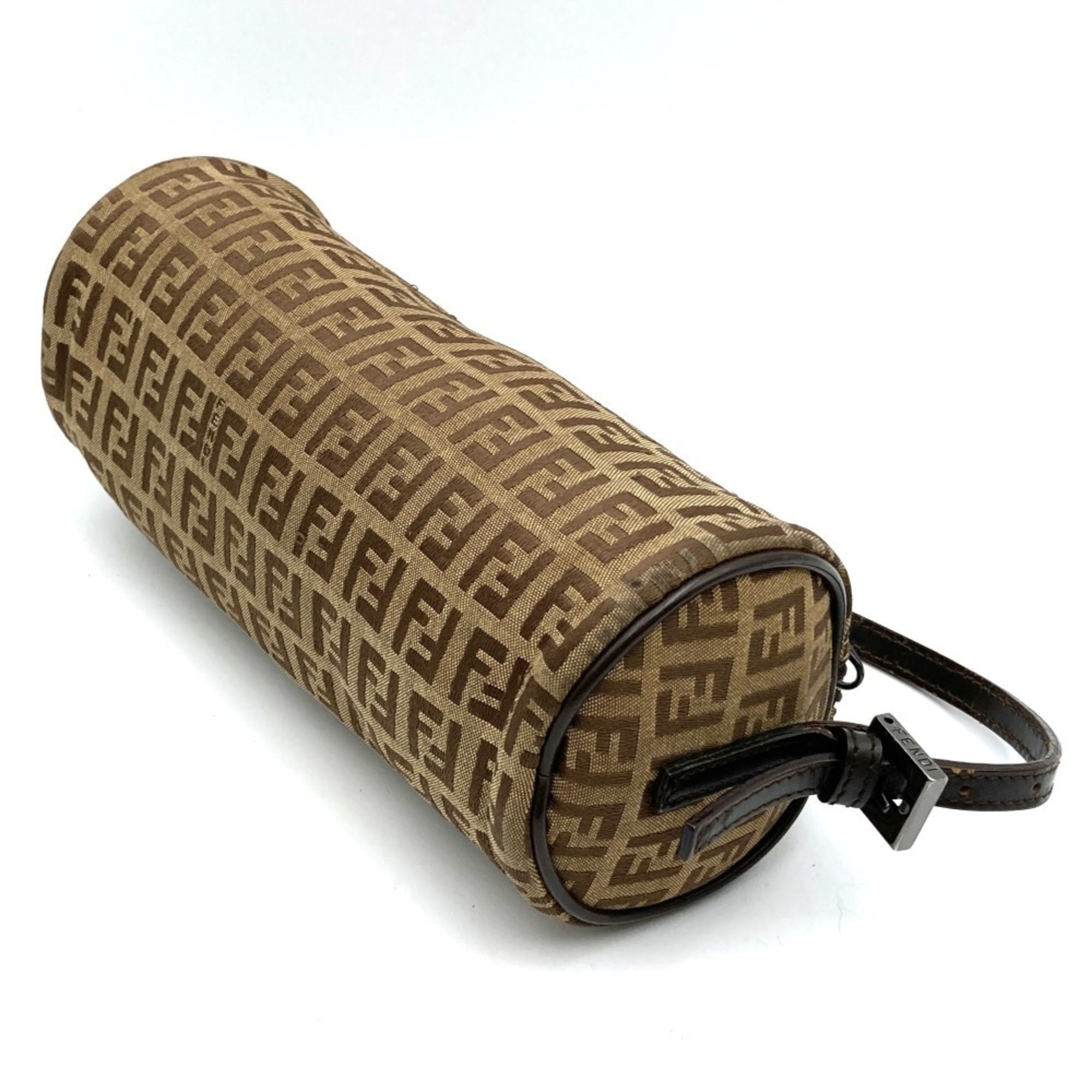 FENDI Pouch, Zucchino, Cylindrical, Brown, Canvas, Leather, Women's