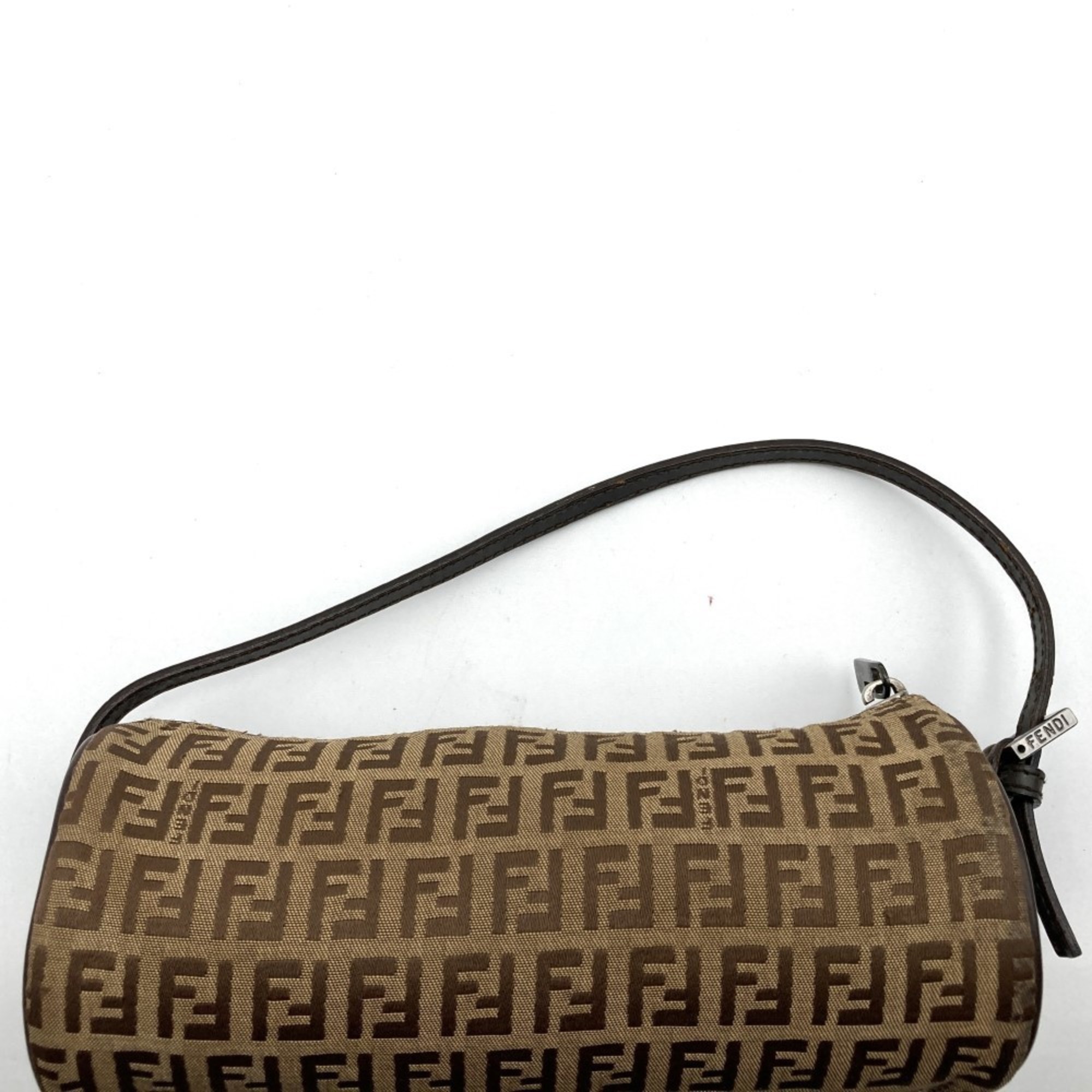 FENDI Pouch, Zucchino, Cylindrical, Brown, Canvas, Leather, Women's