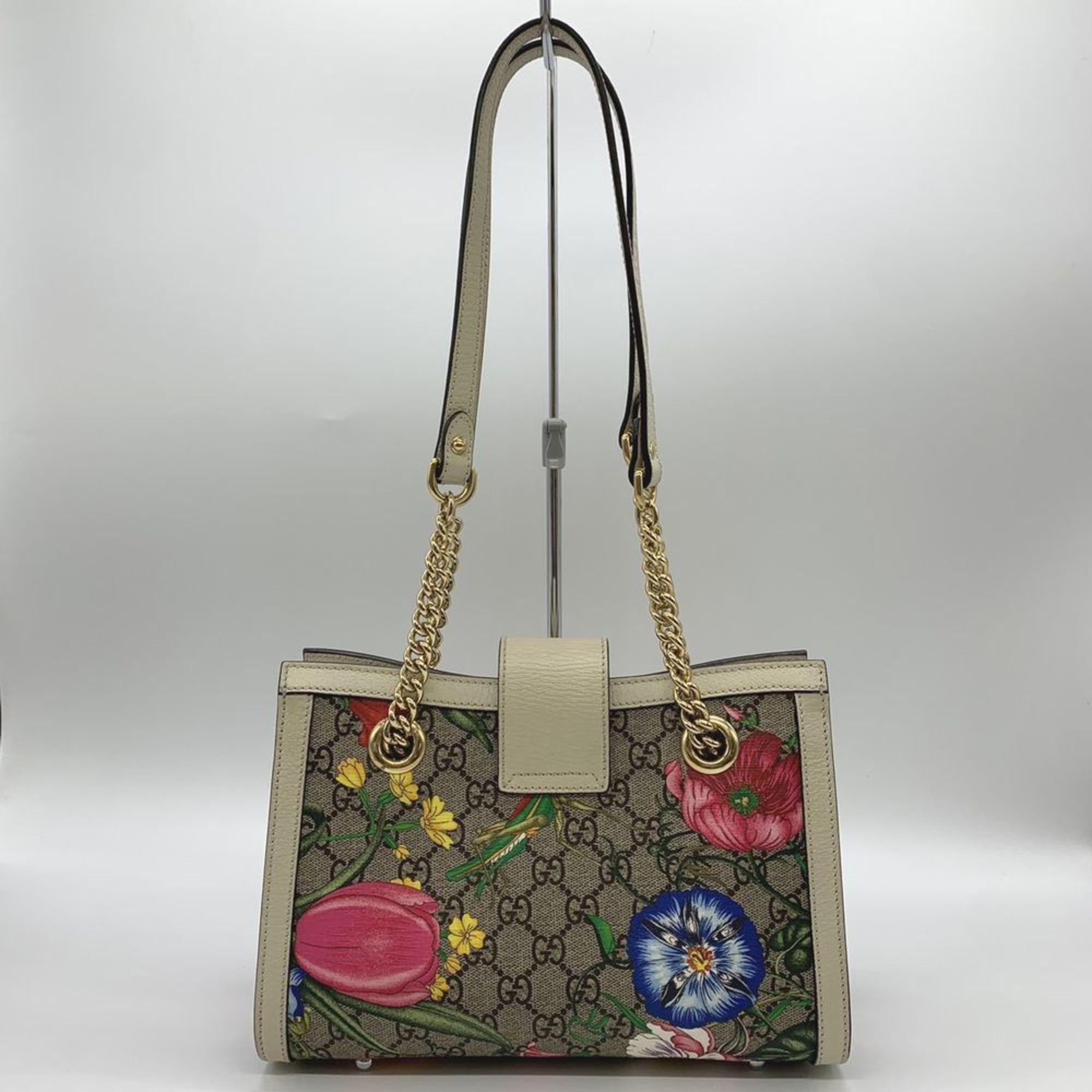 GUCCI Flora Padlock Chain Shoulder Bag GG Supreme Canvas Leather Brown Women's 498156