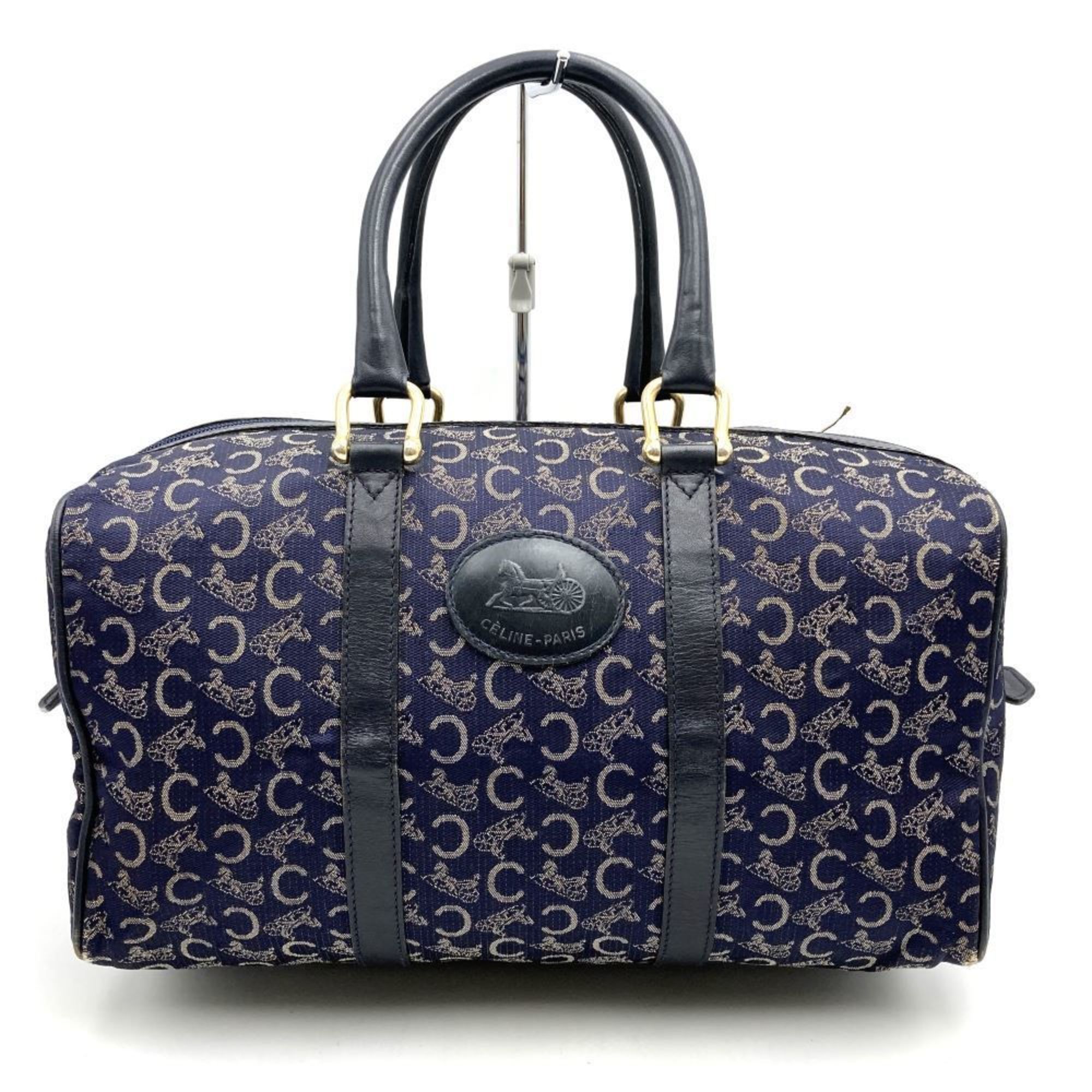 CELINE Boston bag, handbag, C Macadam, carriage pattern, canvas, leather, navy, women's