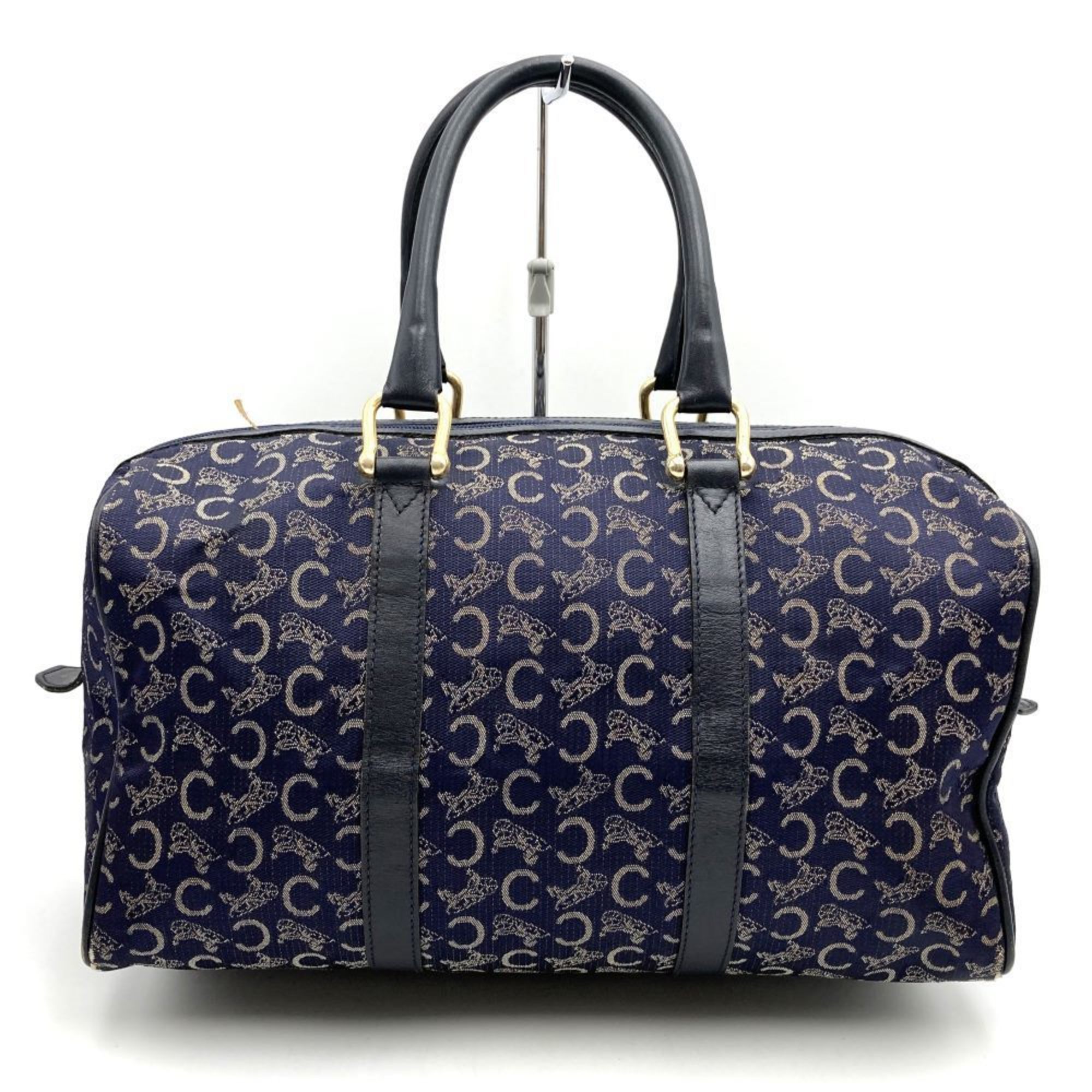 CELINE Boston bag, handbag, C Macadam, carriage pattern, canvas, leather, navy, women's