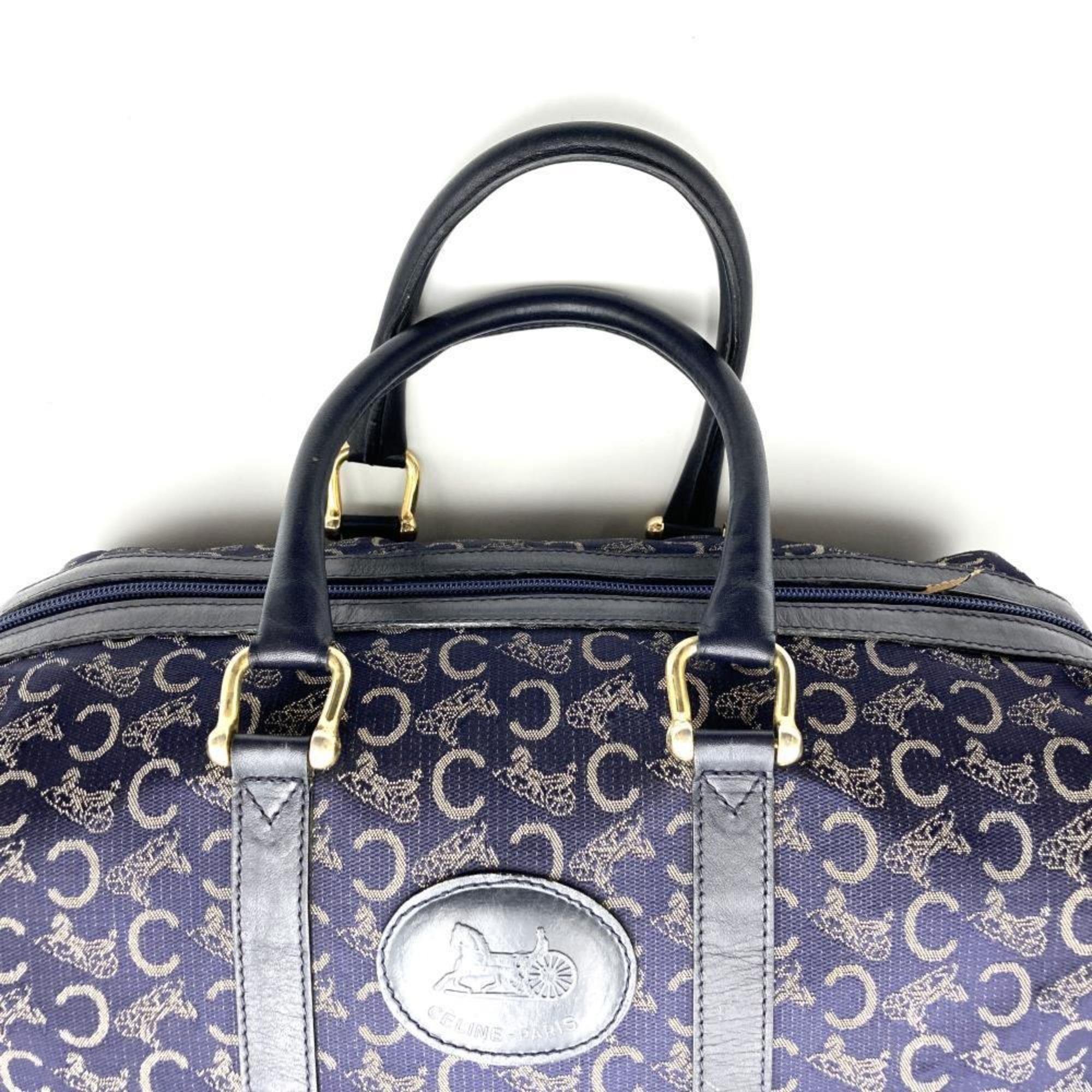 CELINE Boston bag, handbag, C Macadam, carriage pattern, canvas, leather, navy, women's