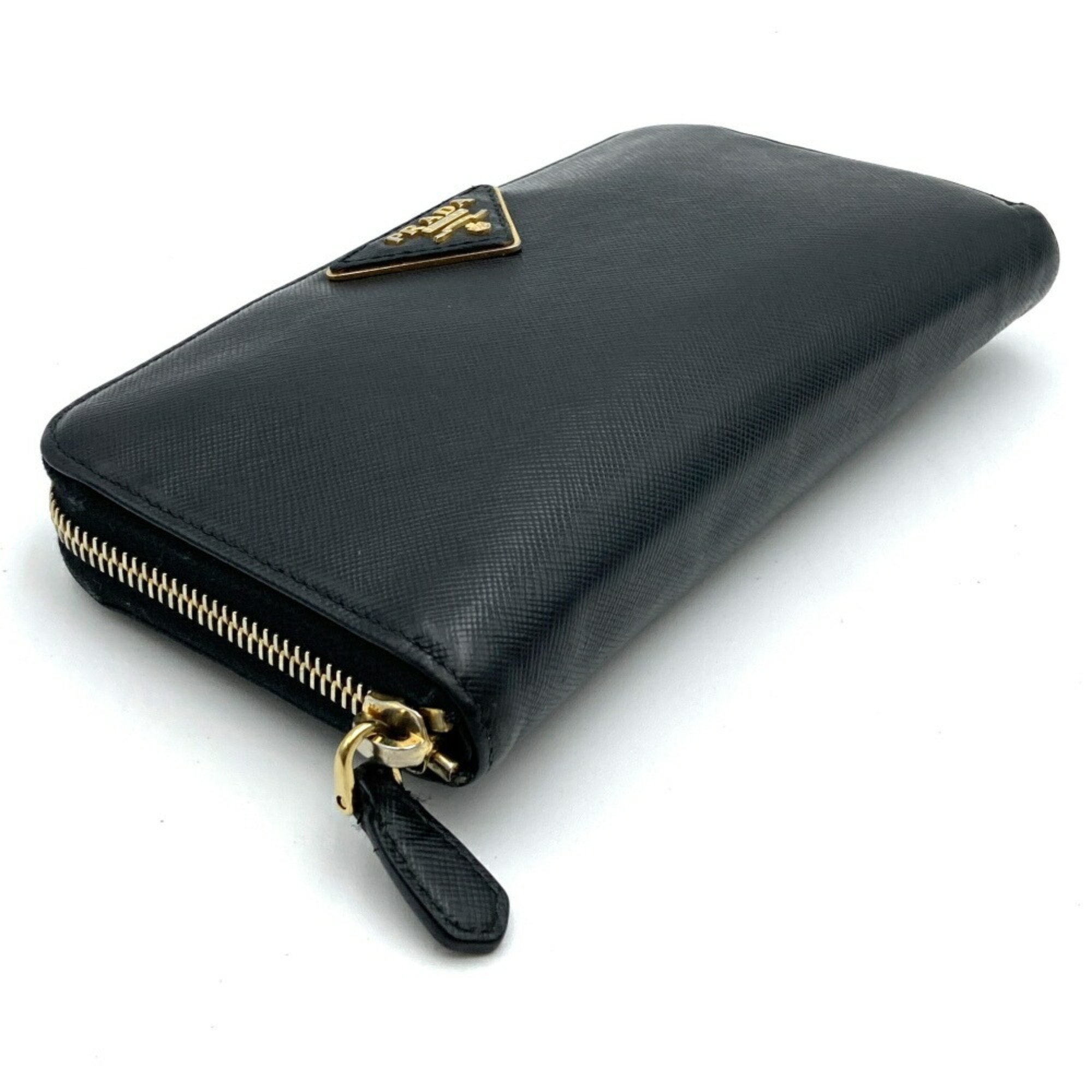 PRADA Prada Long Wallet Round Saffiano Leather Black Triangle Men's Women's