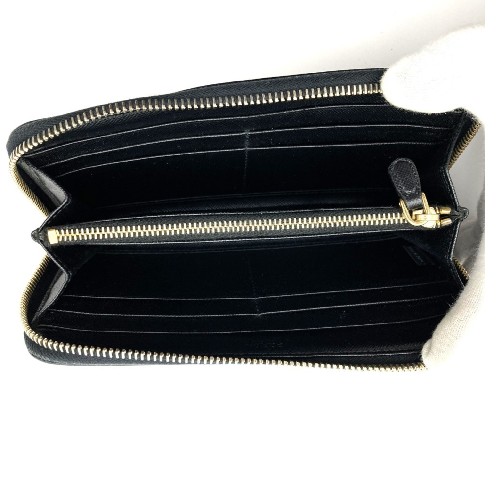 PRADA Prada Long Wallet Round Saffiano Leather Black Triangle Men's Women's