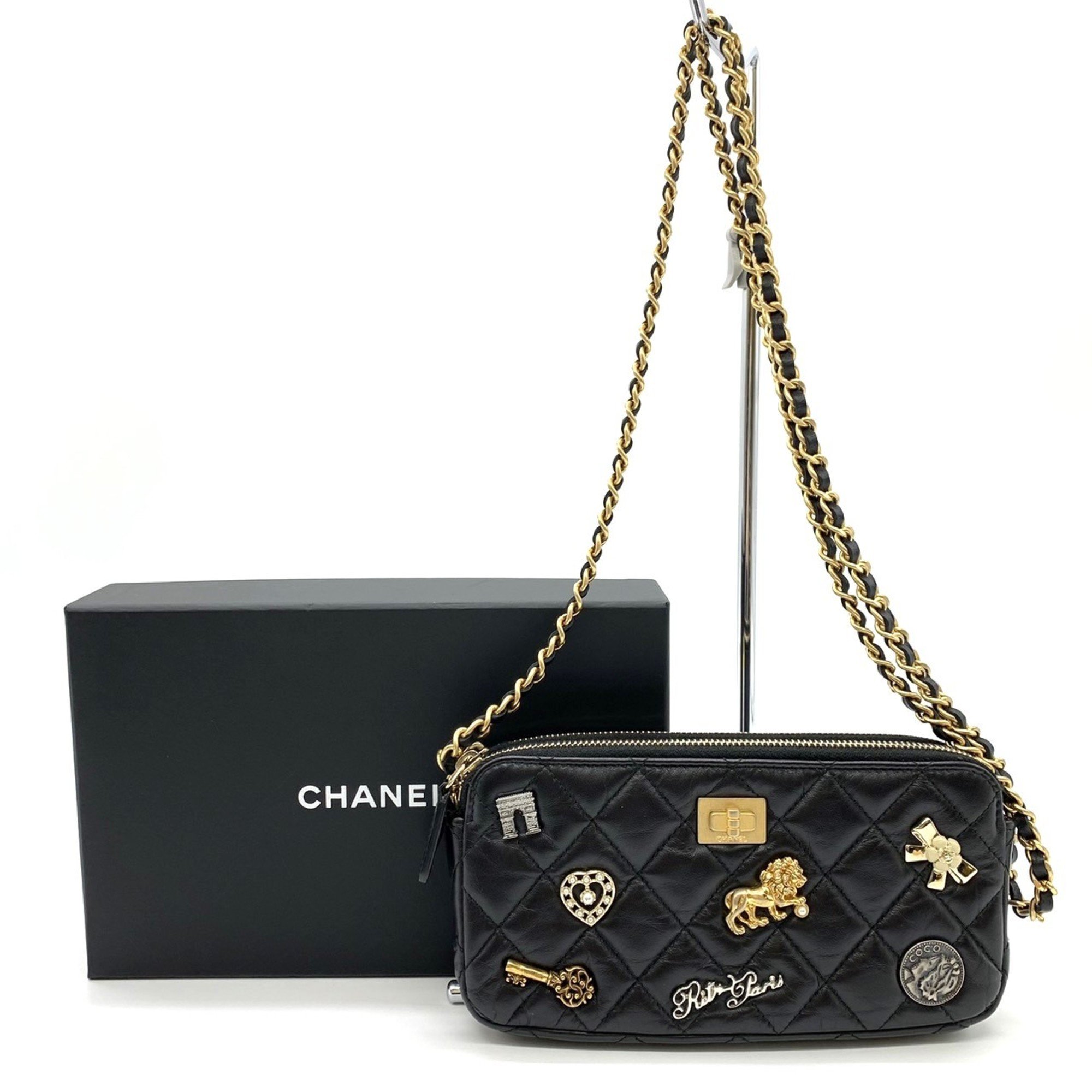 CHANEL Chanel 2.55 Chain Wallet Matelasse Lucky Charm Heart Key Ribbon Arc de Triomphe Lion Lambskin Black Women's