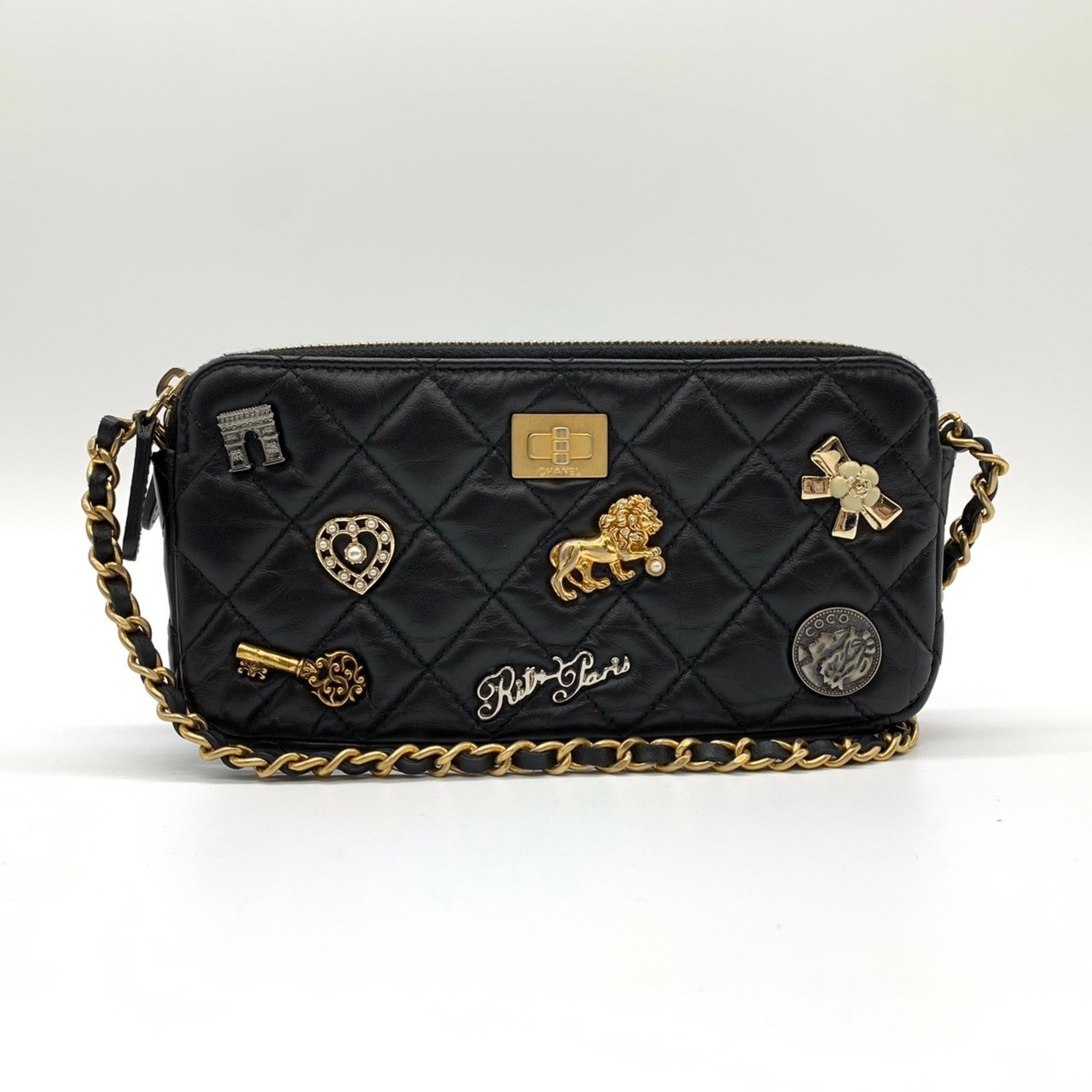 CHANEL Chanel 2.55 Chain Wallet Matelasse Lucky Charm Heart Key Ribbon Arc de Triomphe Lion Lambskin Black Women's