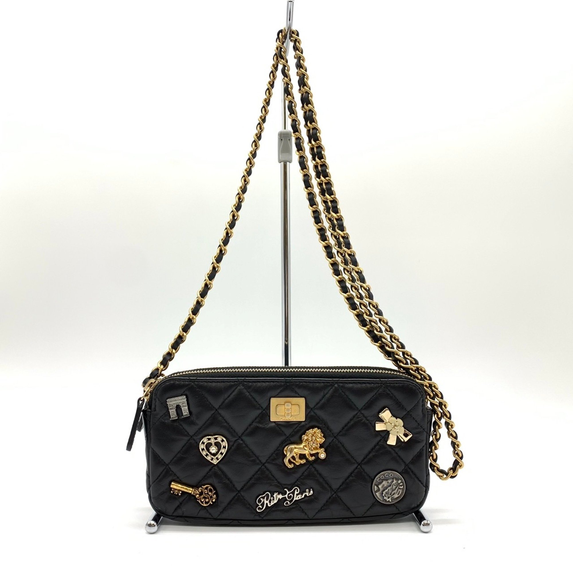 CHANEL Chanel 2.55 Chain Wallet Matelasse Lucky Charm Heart Key Ribbon Arc de Triomphe Lion Lambskin Black Women's