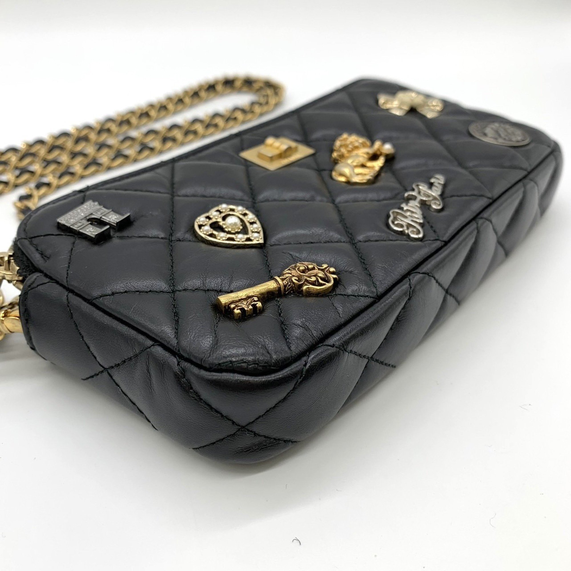 CHANEL Chanel 2.55 Chain Wallet Matelasse Lucky Charm Heart Key Ribbon Arc de Triomphe Lion Lambskin Black Women's