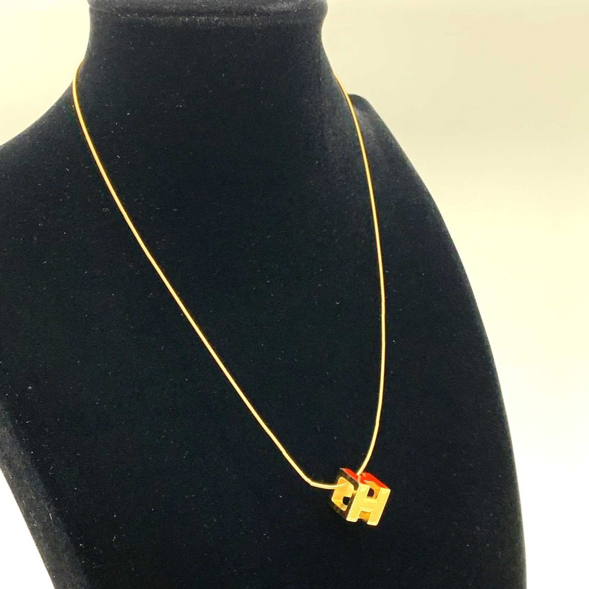 HERMES CAGE d'Ash Cube Necklace H Gold Red Women's