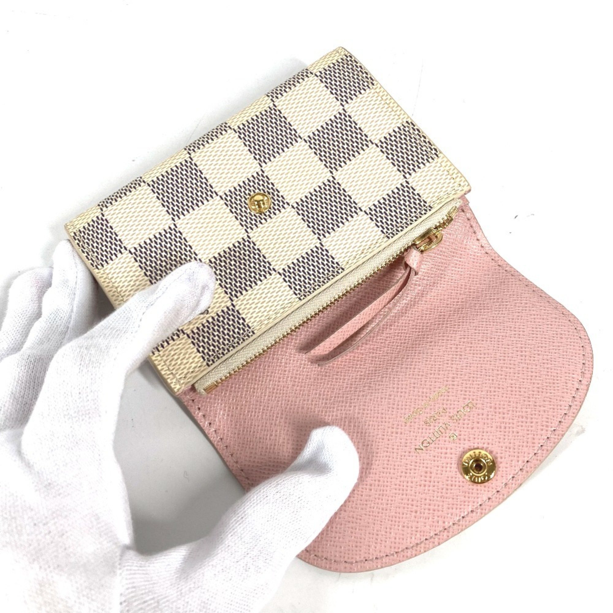 LOUIS VUITTON N61276 Damier Azur Portemonnay Rosalie Compact Wallet Bi-fold Canvas Women's Rose Ballerine White