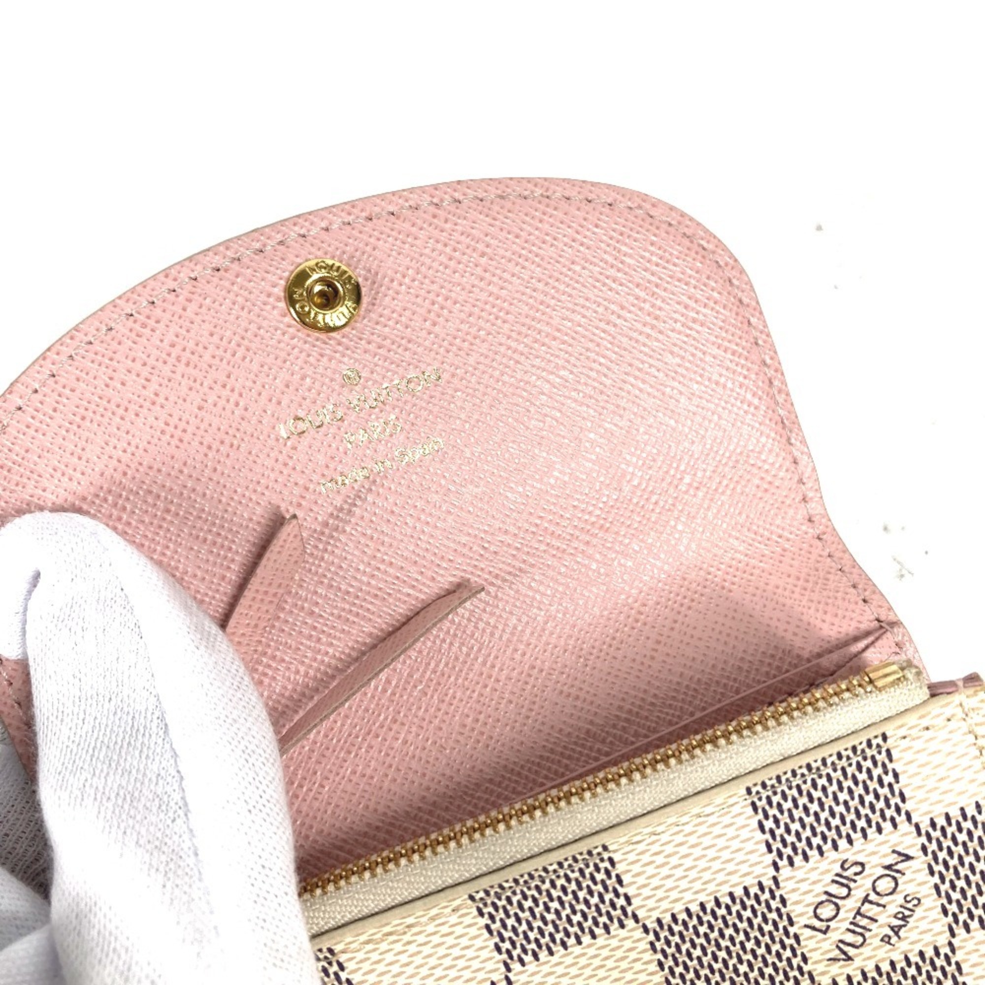 LOUIS VUITTON N61276 Damier Azur Portemonnay Rosalie Compact Wallet Bi-fold Canvas Women's Rose Ballerine White