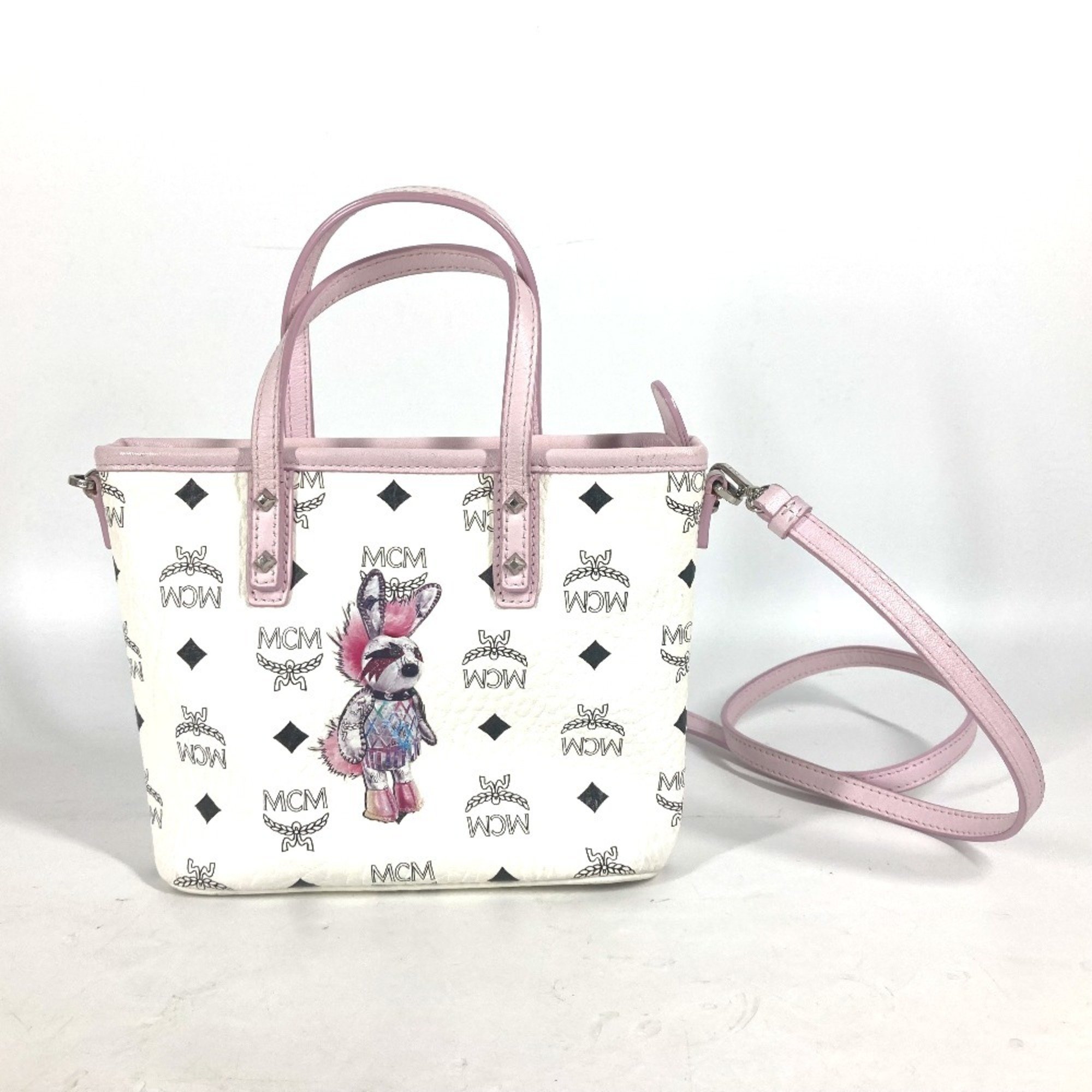 MCM Visetos Tote Bag Rabbit Handbag Shoulder Leather Women's White