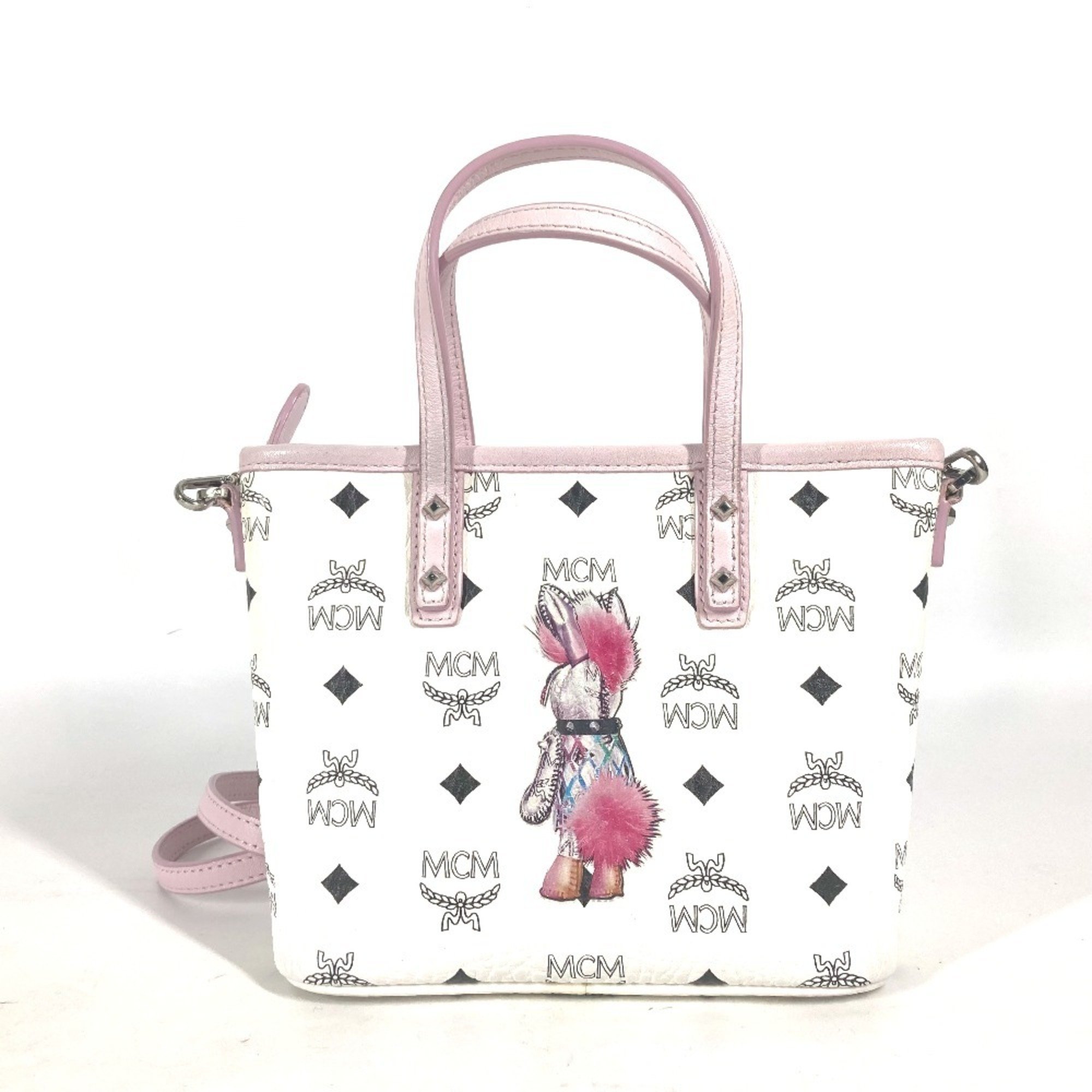 MCM Visetos Tote Bag Rabbit Handbag Shoulder Leather Women's White