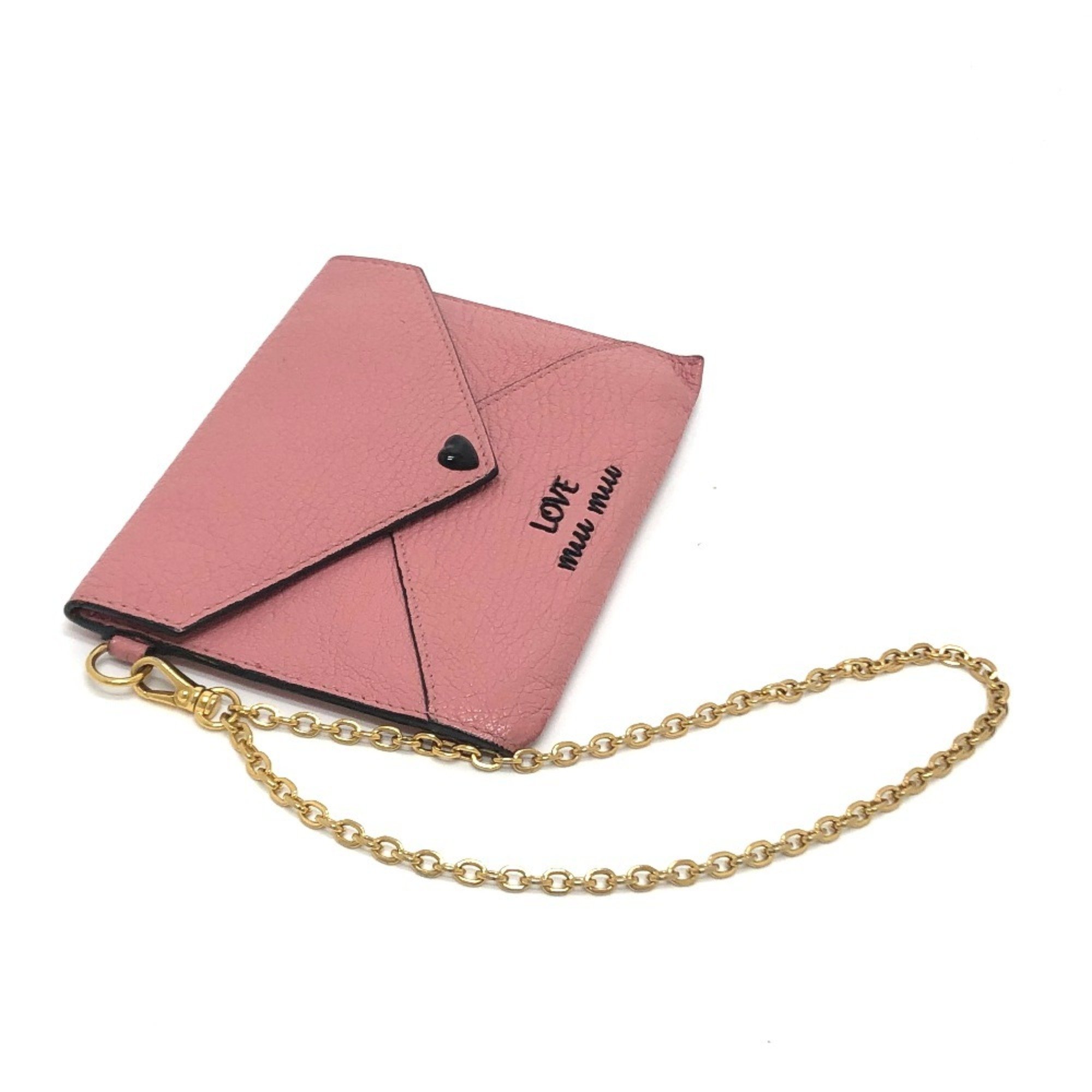 Miu Miu MIUMIU 5MF001 Madras Love Business Card Holder/Card Case Pouch with Chain Strap Leather Women's Pink