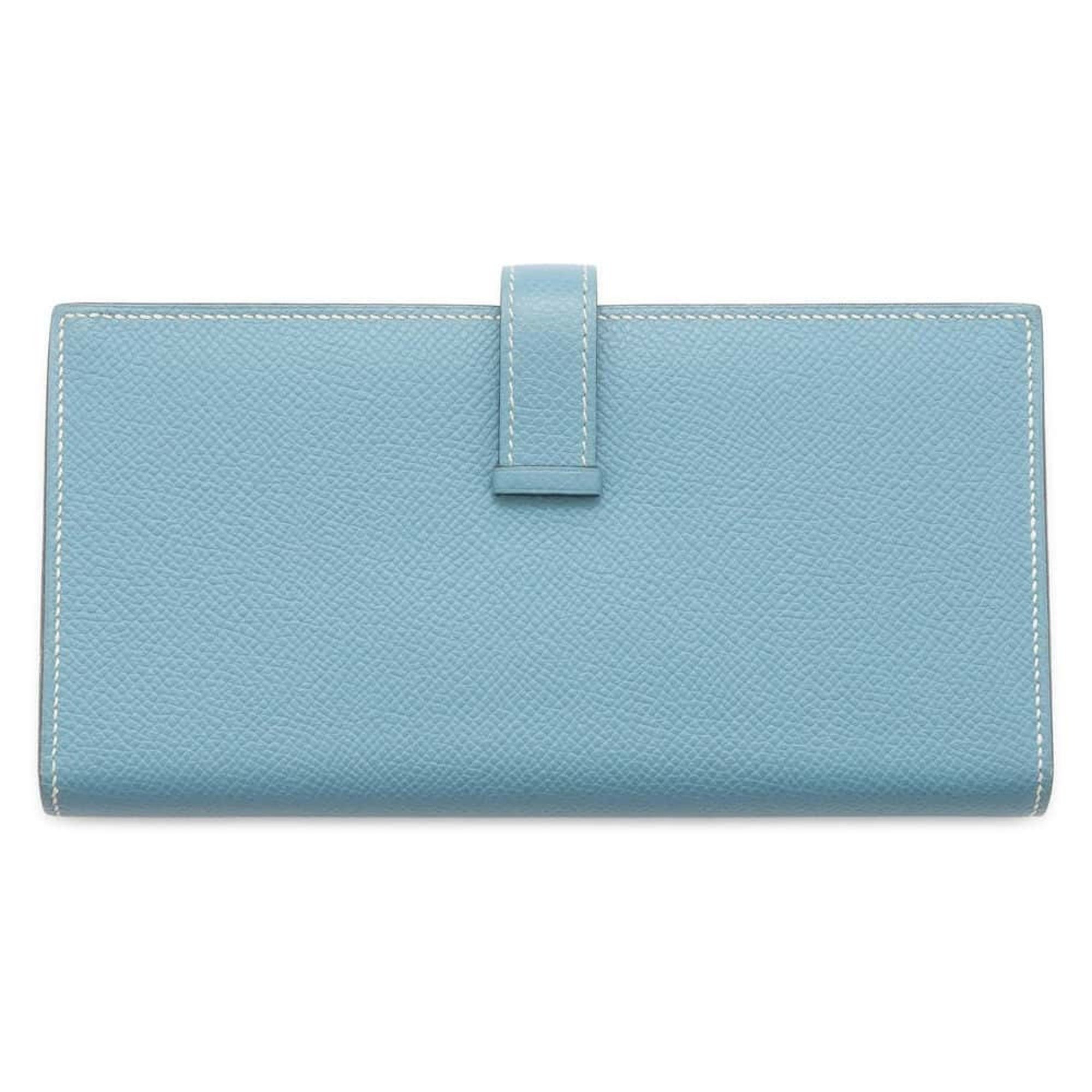 Hermes Long Wallet Bearn Soufflet Blue Jean Epson O Stamped