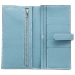 Hermes Long Wallet Bearn Soufflet Blue Jean Epson O Stamped