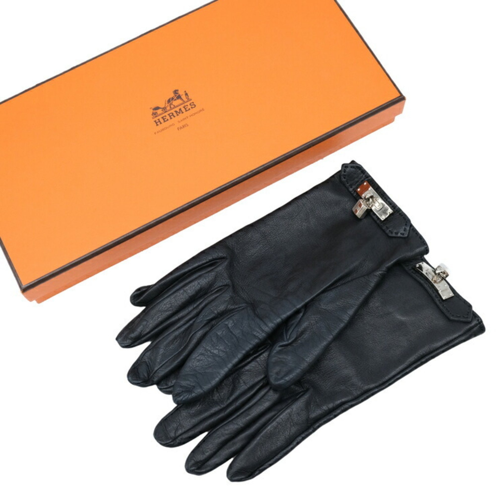 HERMES Kelly Gloves, Lamb Leather, Black, Women's, #7, Size M