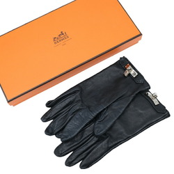 HERMES Kelly Gloves, Lamb Leather, Black, Women's, #7, Size M