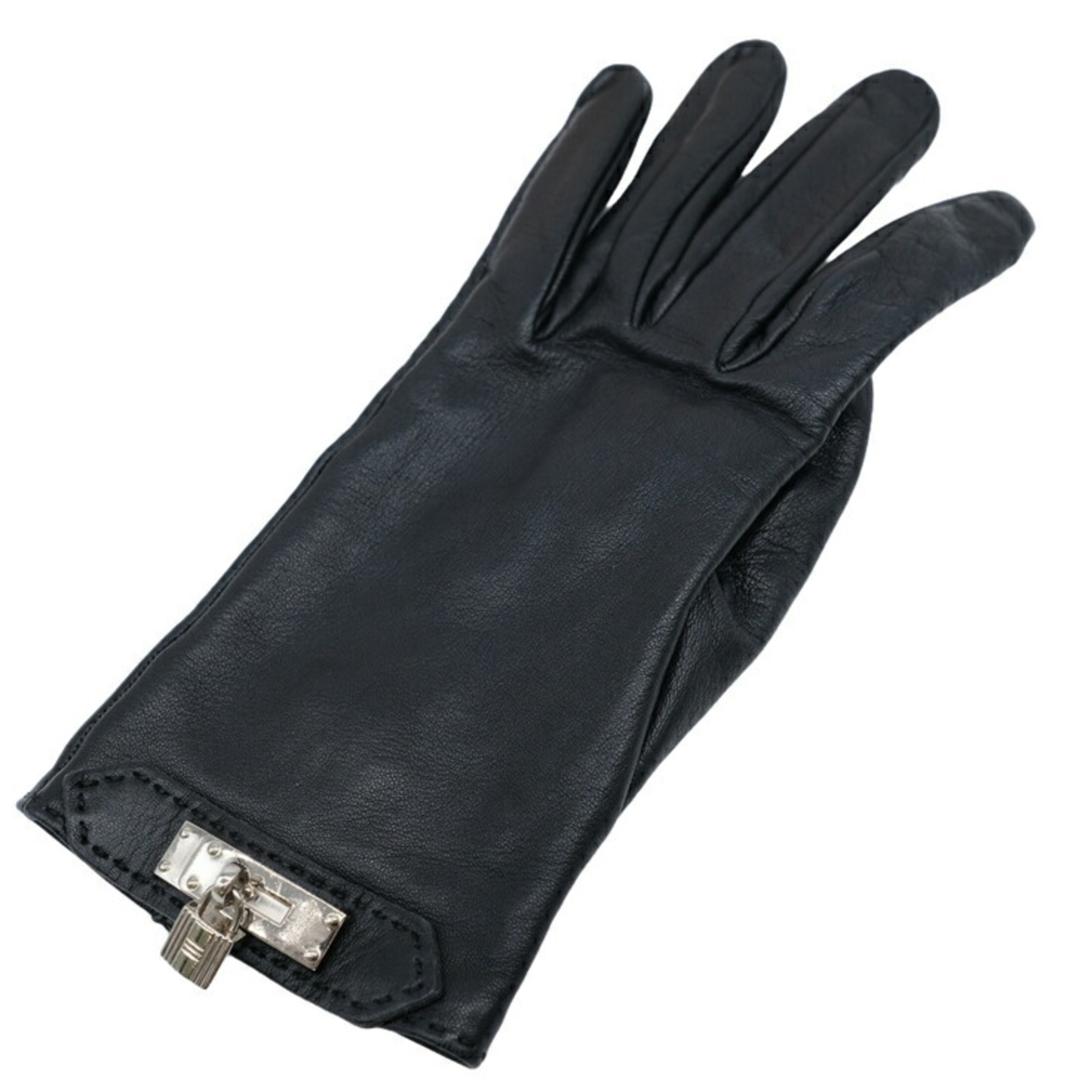 HERMES Kelly Gloves, Lamb Leather, Black, Women's, #7, Size M