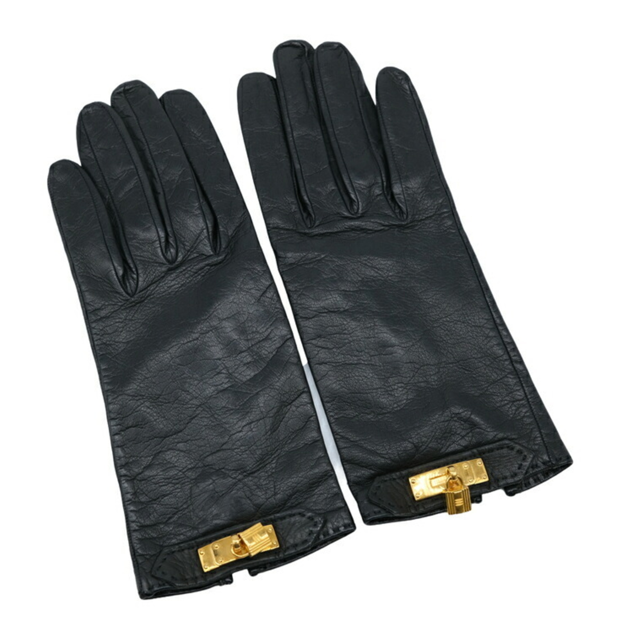 HERMES Kelly Gloves Lamb Leather Black Women's #71 2