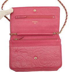 CHANEL Camellia Chain Wallet, Shoulder, Lambskin, Fuchsia Pink, 7421