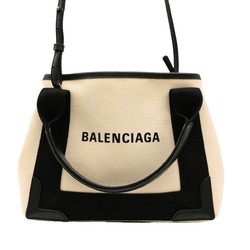 BALENCIAGA Navy Cabas XS Tote Bag Leather Canvas Women's White Ivory